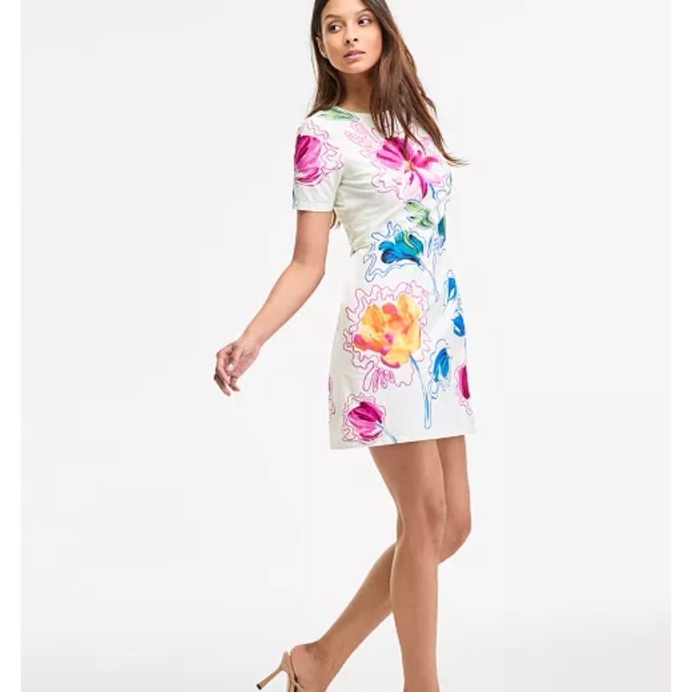 Maggy London White Mini Dress with Pink, Blue and Yellow Floral Print